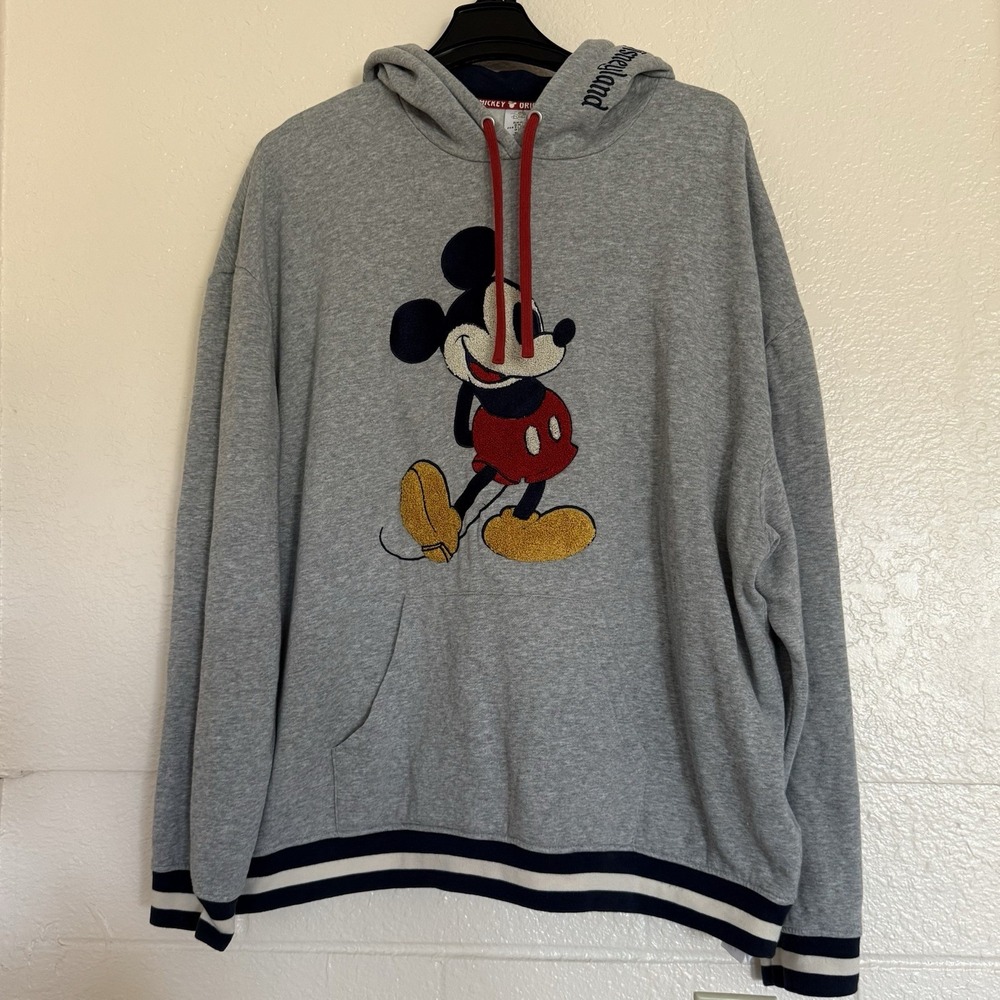 Disney Hoodie Mens XXL Grey Mickey Mouse‎ Disneyland Pullover Sweatshirt Cozy